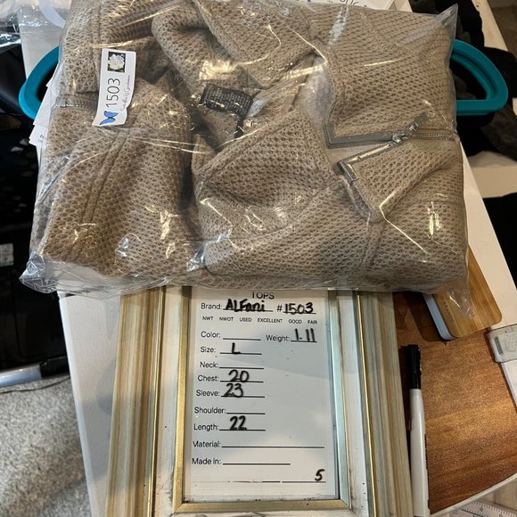 Alfani Jacket Mens Large Textured Knit Moto Beige Full Zip Pockets Notched Colla - Picture 10 of 10